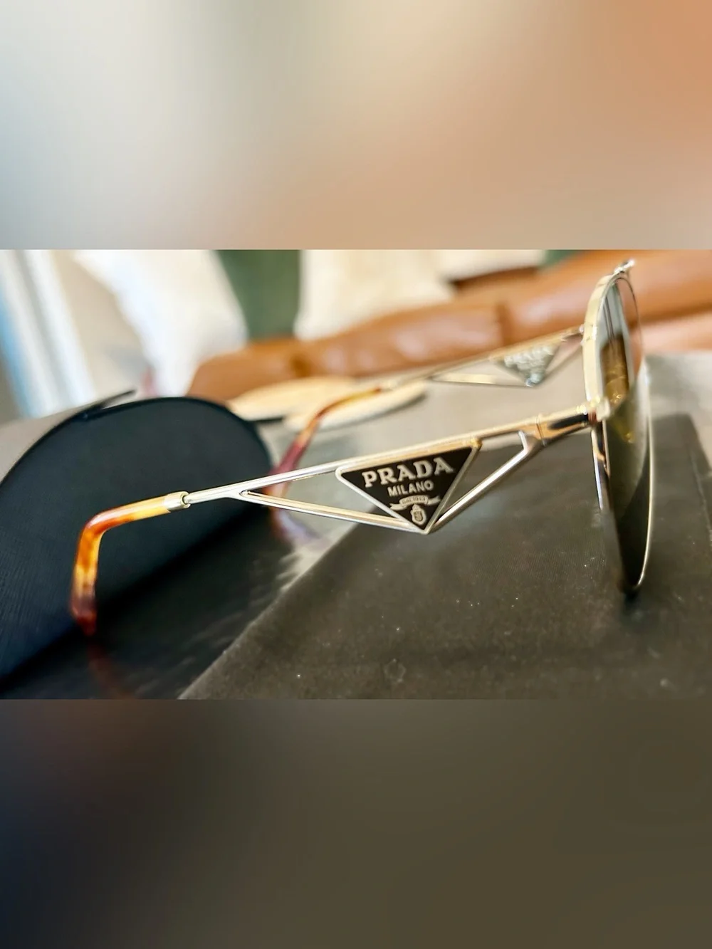 Prada Gold Frame with Brown Lenses and Tortoiseshell Temples Aviator Sunglasses